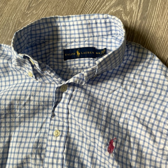 Ralph Lauren Light Blue Checkered Shirt with pink polo logo - Picture 3 of 3